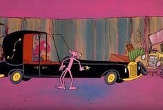 the pink man is standing in front of an old car