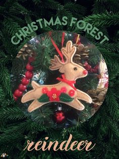 a christmas ornament hanging on a tree with the words reindeer in red and green