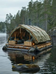 an inflatable raft floating on top of a body of water next to a forest