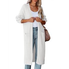 Elevate your style and stay cozy with our Women's Long Cardigan Sweater. This long sleeve maxi cardigan features a chic open front design and practical side pockets, combining fashion with functionality. Crafted from 100% acrylic, it offers a soft, warm feel that is perfect for layering during the cooler months. Key Features: Premium Acrylic Fabric: Made from 100% acrylic, this cardigan is not only soft and lightweight but also provides excellent warmth, making it an ideal choice for fall and winter wear. Chic Longline Design: The maxi length and ribbed knit texture add a fashionable touch, while the open front style allows for easy layering over your favorite outfits. Functional Side Pockets: With convenient side pockets, you can keep your essentials close at hand, adding practicality to Womens Long Cardigan Sweaters, Knee Length Cardigan, Women Long Cardigan, Long Cardigan Sweater, Oversized Knit Cardigan, Cardigan White, Maxi Cardigan, Knitting Women Cardigan, Long Sleeve Knitted Cardigan