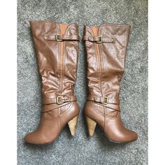 Brand New With Box. Size 8, Super Cute And Stylish! Box Has Some Normal Wear. Have Other Size 8 Heeled Boots Posted So Feel Free To Bundle To Save On Shipping :) Brown Knee-high Heeled Boots With Buckle Closure, Brown Heeled Boots With Buckle Closure, Brown Faux Leather Boots With Stacked Heel, Brown Wide Calf Heeled Boots With Buckle, Brown Wide Calf Heeled Boots With Buckle Closure, Brown High Heel Boots With Buckle Closure, Brown Heeled Boots, Wild Diva Shoes, Brown Heels