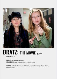 two women standing next to each other in front of a white poster with the words bratz the movie on it