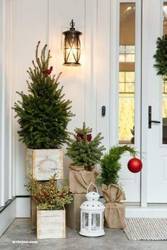 a small dog sitting in front of a door with christmas decorations on the outside and inside