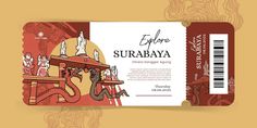 a ticket with an image of a table and chairs in the background that says explore surbaya