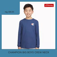 Every boy needs a long-sleeve graphic tee in his wardrobe. This one features a logo sleeve detail so he can showcase his Champion pride. This tee will seamlessly take him from school to practice.Closure Type: Pullover HeadFit: Classic FitNeckline: Crew NeckSleeve Length: Long SleeveFiber Content: 60% Cotton, 40% PolyesterFabric Description: JerseyCare: Machine Wash, Tumble DryCountry of Origin: Imported Sleeve Detail, Big Boys, Long Sleeve T Shirt, Shirts Tops, Graphic Tee, Long Sleeve Tshirt, Graphic Tees, Crew Neck, T Shirts