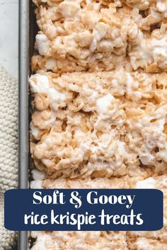 soft and gooey rice krispie treats in a baking pan with the title above it