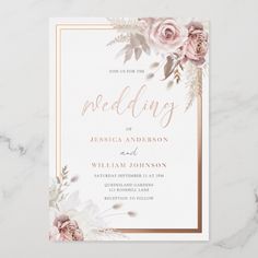 wedding card with pink flowers and gold foil