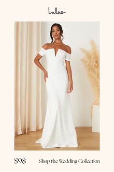 Capture your most special day in the most special way by wearing a stunning look like the Lulus Loveliest Aura White Off-the-Shoulder Mermaid Maxi Dress! Stretchy crepe knit shapes this mesmerizing dress that features a princess-seamed bodice and a notched, off-the-shoulder neckline (with a hidden V-bar), framed by short sleeves. The fitted waist tops a figure-flaunting, mermaid-style skirt that falls to a sweeping maxi hem with a romantic train at the back. Hidden back zipper/clasp. Fit: This g Aura White, Mermaid Maxi Dress, Lulu Fashion, Mermaid Style, White Off Shoulder, Style Skirt, Mermaid Fashion, Dress Medium, Wedding Shop