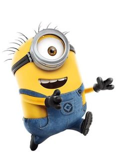 a minion jumping in the air with his arms out and eyes wide open while wearing overalls