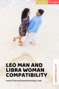 a man and woman walking on the beach with text that reads leo man and libra woman compatibly