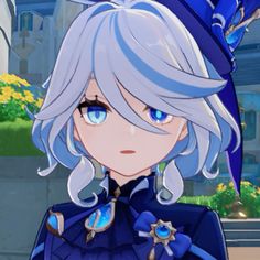 an anime character with blue eyes and white hair, wearing a blue outfit in front of a castle