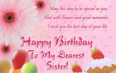 a birthday card for a sister with pink flowers and cake on the table next to balloons