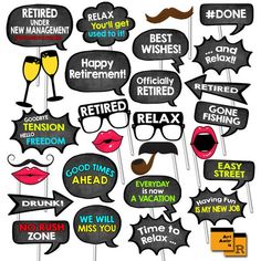 a bunch of black and white speech bubbles with different words on them that say happy retirement