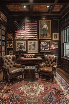 a living room filled with lots of furniture and pictures on the wall above it's fireplace