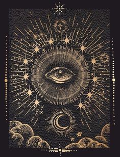 an all seeing eye surrounded by stars and clouds