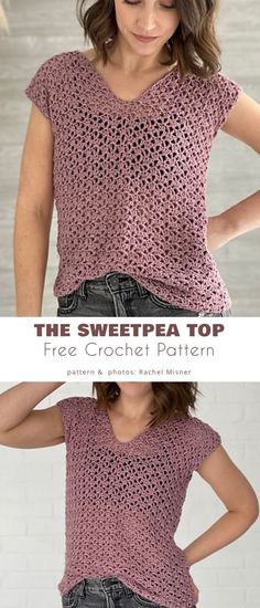 a woman wearing a crochet top with the words, the sweetest top free crochet pattern