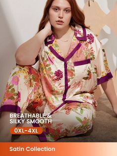 Women Plus Chinese Style Floral Print Satin Long Pajama Set Lounge Set Multicolor Elegant  Short Sleeve Satin Plants,All Over Print Pant Sets Slight Stretch All Women Plus Sleep and Lounge, size features are:Bust: ,Length: ,Sleeve Length: Plus Size Pyjamas, Print Pant, Plus Size Pajamas, Pant Sets, Pajama Sets, Lounge Sets, Sleepwear Women, Amazing Products, Chinese Style