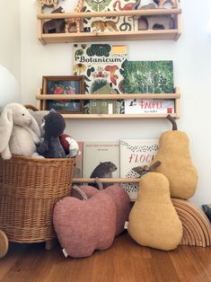 stuffed animals and books on shelves in a children's playroom with wooden flooring