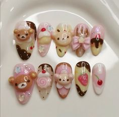 Pink Brown White Nails, Kawaii Nails Square, Sweets Nail Art, Choco Cat Nails, Deco Nails Kawaii, Dessert Nail Art, Rilakkuma Makeup, Kawaii Fall Nails, Kawaii Winter Nails