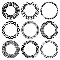 a set of nine circular frames in celtic style, black and white illustration on a white background