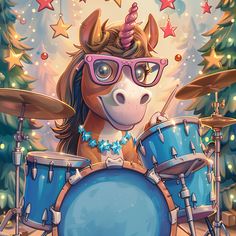 a cartoon unicorn with glasses playing the drums