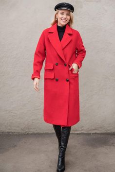 ★★ Welcome to my Ylistyle's shop！！！ This long red wool overcoat can well show your elegant temperament and taste. Suitable for various occasions, whether for everyday wear or formal events. Every detail of the wool coat is handled very well. It's a great gift for mom or friend. ★★FEATURES 50% wool, 50% fiber nylon polyester Polyester lining Two side pockets Front buttons closure Long coat Overcoat Pocket decoration Autumn winter wool coat Dry clean ★★ The model's height approx 170 cm (5′ 7″) with the 84 cm (33") bust, 66 cm (26") waist. She is wearing in size XS. ★★ Please select custom order according to the follow situation Can't find your size Your height is over 175cm Your weight is over 75kg Request Length custom Request sleeve length ★★ Get your size in Size Chart with your body meas Double-breasted Wool Coat With Pockets, Casual Long Wool Coat Solid Color, Casual Long Wool Coat In Solid Color, Casual Long Solid Wool Coat, Casual Long Solid Color Wool Coat, Trendy Double-breasted Winter Wool Coat, Trendy Double-breasted Wool Coat For Winter, Trendy Winter Pea Coat, Red Oversized Outerwear With Buttons