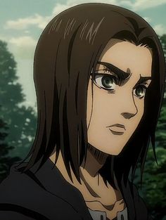 an anime character with long black hair and green eyes looks at the camera while standing in front of trees