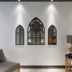 a living room with three arched windows on the wall