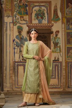 Pista Green Embroidered Georgette Kurta Palazzos Suit at PinkPhulkari Garara Suit, Lily Singh, Lucknowi Kurta, Layered Kurta, Gharara Suits, Georgette Kurta, Patiala Salwar Suits, Embroidered Beads, Bridal Dupatta