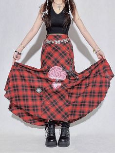 This black and red plaid skirt features a high-waisted mermaid design with cross embroidery and decorative safety pin straps, exuding a strong sense of style.   	 		 			Size 			S 			M 			L 		 		 			Length 			69 			72 			76 		 		 			Waist 			68 			96 			100 		 		 			Hips 			92 			101 			103 Red Fitted Alternative Style Skirt, Red Punk Skirt For Summer, Fitted Plaid Skirt For Party, Edgy Fitted Plaid Skirt, Applique Jeans, Red Plaid Skirt, Cross Applique, Blue Denim Pants, Skirt Belt