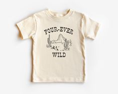 "Yeehaw! Celebrate your child's birthday bash in style with our \"Four-Ever Wild\" toddler tee. Perfect for a Wild West-themed party, this shirt boldly pronounces your little one's age with a whimsical western twist. Crafted from 100% soft, breathable cotton, the tee ensures maximum comfort for your active cowboy or cowgirl. Featuring a vibrant white \"four-ever wild\" font, it's a standout piece for your child's milestone celebration. Don't let your kiddo have all the fun, though. Join in with Parenting Girls, Cowboy Decorations, Boy Birthday Party Themes, Family Tees