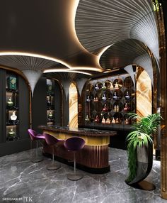 an elegant bar with purple chairs and marble counter tops in the middle of a room