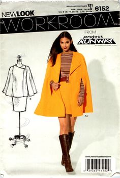 SKIRT AND MATCHING CAPE SEWING PATTERN SIZE 8 10 12 14 16 18 MISSES WOMEN NEW LOOK PROJECT RUNWAY 6152 C 2012 FULL FIGURE, CURVY FIT, PLUS SIZES. MINI / ABOVE KNEE SKIRT AND LINED CAPE SEWING PATTERN - CAPE IN TWO LENGTHS - MOD RETRO STYLE! VERY RETRO LOOK FROM THE 1970s! THIS PATTERN IS AMAZING!  THERE ARE MANY VARIATIONS WITH LOTS OF DETAIL. UNCUT WITH FACTORY FOLDS. Cape Pattern Sewing, Sewing Coat, New Look Patterns, Cape Pattern, How To Make Skirt, Project Runway, Pattern Sewing, Simplicity Sewing, Coat Patterns