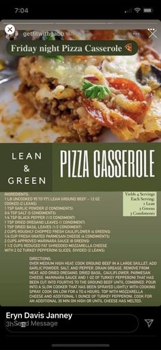 the menu for lean and green pizza casserole is displayed on an iphone screen