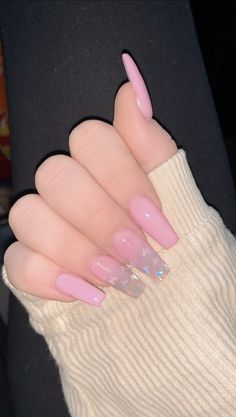 Clear Glitter Nails, Soft Pink Nails, Baby Pink Nails, Ombre Acrylic Nails, Girls Nails