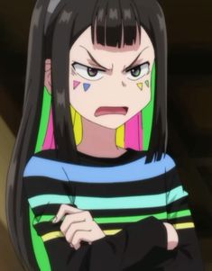 an anime character with long black hair and green eyes, wearing a striped shirt while looking at the camera