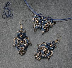 three pieces of beaded jewelry sitting on top of a gray surface with blue string