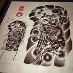 an owl and flower tattoo design on a piece of paper with chinese characters in the background