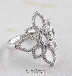 Lotus Diamond Ring, Unique Engagement Ring, 14K White Gold Ring, Vintage Ring Size 6  #diamond #unique #gold #uniquerings #engagement #sillyshiny #sillyshinydiamonds #jewelry #rings Lotus Flower Diamond Ring, Wide Diamond Rings, Lotus Engagement Ring, Diamond Ring Unique, Flower Diamond Ring, Ring Cluster, Lace Ring, Flower Engagement Ring, Ring Flower