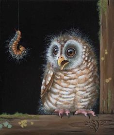 an owl is sitting on a branch with a worm hanging from it's mouth