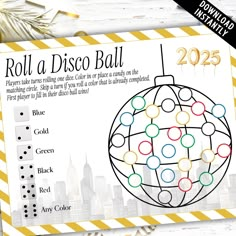 a flyer for a disco ball party with an image of a christmas ornament