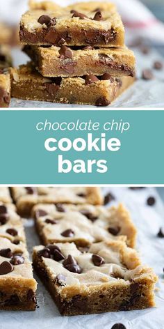 chocolate chip cookie bars stacked on top of each other with text overlay that reads, chocolate chip cookie bars