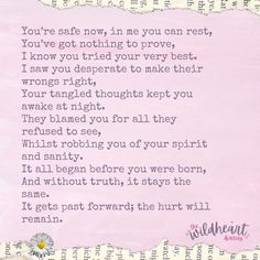 a poem written in pink paper with flowers on the bottom and words above it that read you're safe now, in me you can rest, you've got nothing to prove