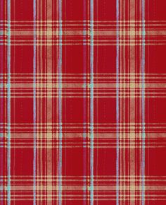 a red plaid fabric with white and blue stripes