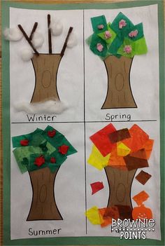 four different types of trees made out of paper on a wooden table with the words winter, spring, and fall