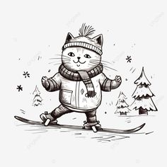 cute smiling cat in felt boots skiing with a christmas gift in black ink christmas coloring cute i Felt Boots, Smiling Cat, Christmas Coloring, Cute Illustration, Christmas Colors, Graphic Resources, Skiing, Stock Vector, Coloring Pages