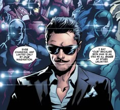 an image of a man in front of iron man and the avengerss with glasses on