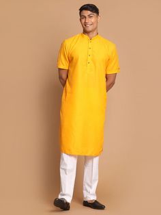 Vastramay mens mustard color solid kurta with white pant style cotton pyjama set Stylish Kurta, White Pant, White Pajamas, Kurta Pyjama, Cotton Pajama Sets, Pant Style, Cotton Pyjamas, Look Your Best, Pyjama Set