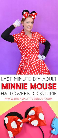 a woman wearing minnie mouse ears with the words last minute diy about minnie mouse halloween costume