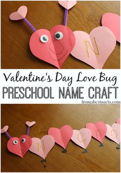 valentine's day love bug preschool name craft for kids to make with paper hearts